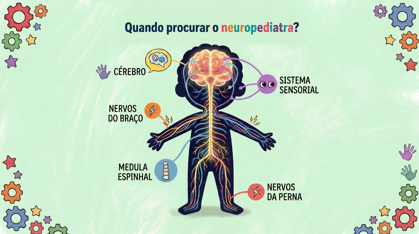 Illustration of a child with labeled parts of the nervous system including brain, spinal cord, sensory system, digestive system, arm and leg nerves